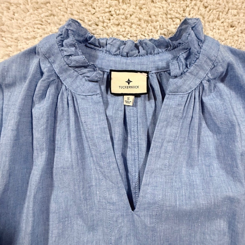 Tuckernuck Crawford Blue Cotton Linen Tiered Mini Dress S Chambray Coastal Prep - Picture 3 of 6
